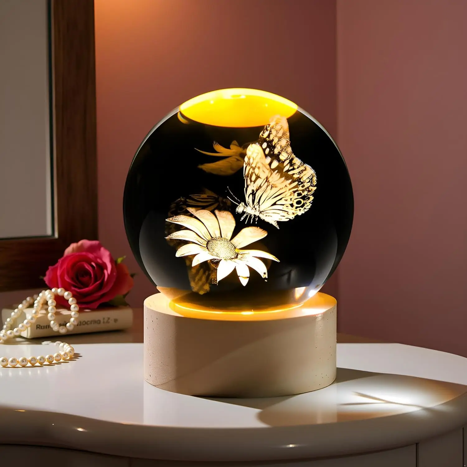 60mm 3D Butterfly Crystal Ball Figurine Night Light Lamp, Festive Home Supply Gift for Women, Distinct Visual & Gentle Lighting Effects