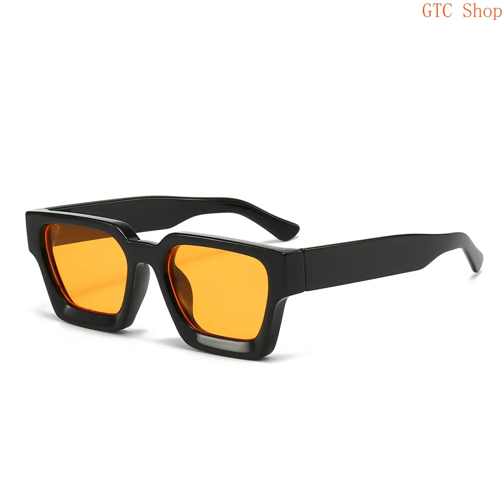 Unisex Retro Thick Square Sunglasses, Solid Black Glossy Frame Orange Tinted Lens Trendy Y2K Stylish UV400 Protection Shades Ideal for Daily Streetwear, Travel and Casual Outdoor Fashion Activities