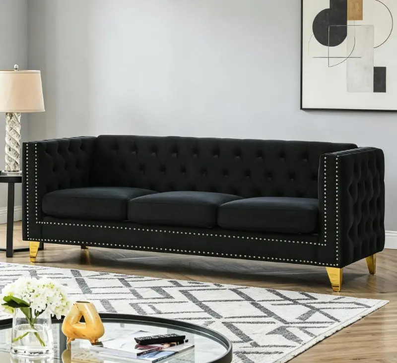 Velvet Tufted Square Arm Sofa, Button-Detailed Modern Upholstered Couch with Metal Legs, for Living Room and Bedroom
