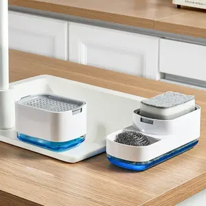 Manual Kitchen Sink Foaming Soap Dispenser with Sponge Holder, Press Pump Foam Maker for Dish Washing, Non-Electric Easy Tabletop Cleaning Tool, Soap Container