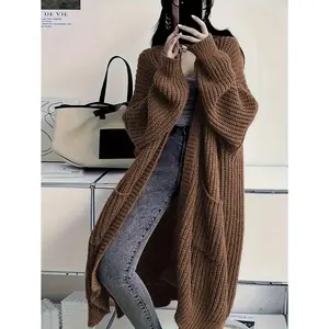 Plus Size Open Front Loose Knit Cardigan, Casual Long Sleeve Long Cardigan with Pockets, Women's Plus Size Clothing