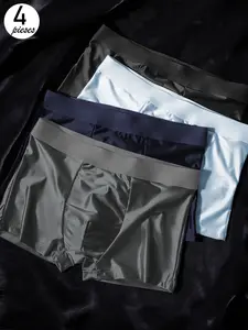 Men's Ice Silk Underwear Set, 4 Pcs Solid Color Boxer Shorts, Breathable Comfortable Fit, Ideal for Summer Wear, Menswear, Stretchy Boxer Briefs