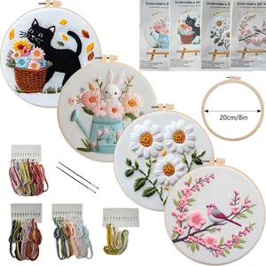 Beginner-Friendly DIY Animal Embroidery Kit - Animal Themes (Cat, Bird, Rabbit), Floral Motifs, Faux Fur Mix Stitching Materials Set with English Stitch Guide for Home Decor, Fashion Accessories