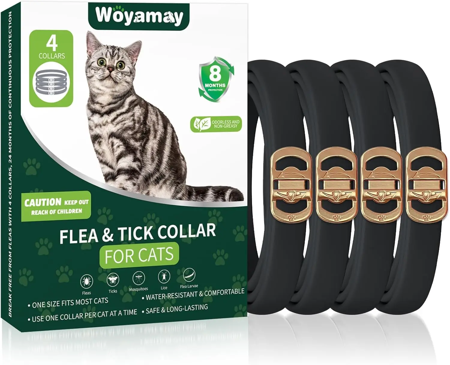 Woyamay 4 Pack Flea Collar for Cats, Cat Flea & Tick Protection Collar, 32-Month Flea & Tick Defense, Waterproof Adjustable Cat Collar for Cats & Kittens, Black