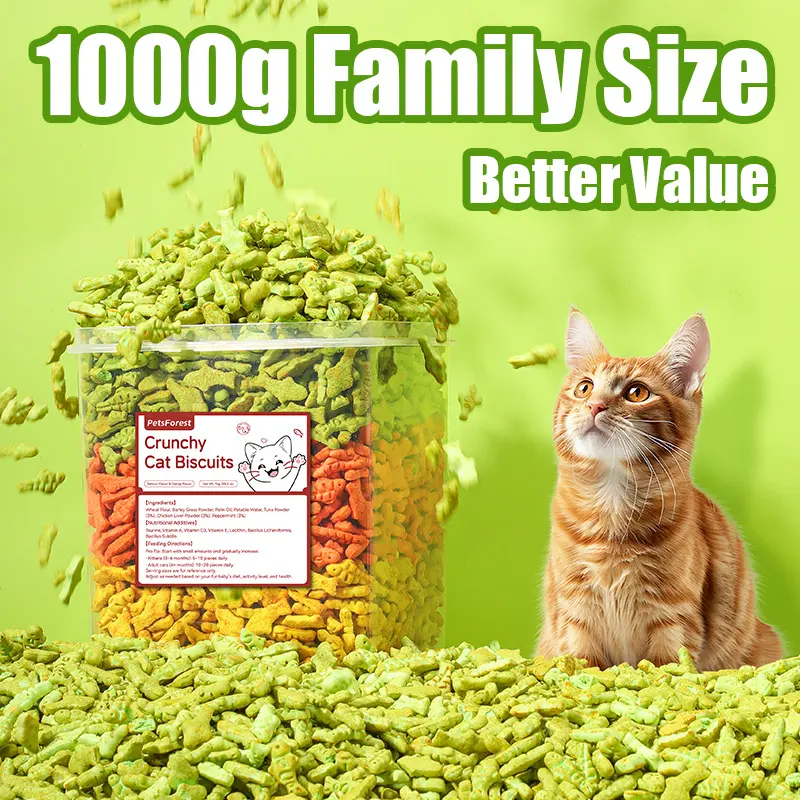 Natural Catnip Biscuit Chewables Dry Cat Treats - 1KG Family Size, Palm Oil & Lecithin Infused, Aromatic Peppermint, Vitamin D3 Boosted, Grass Mix, Hairball Aid, Dental Health Support, 18 Months Shelf Life, For All Ages Felines