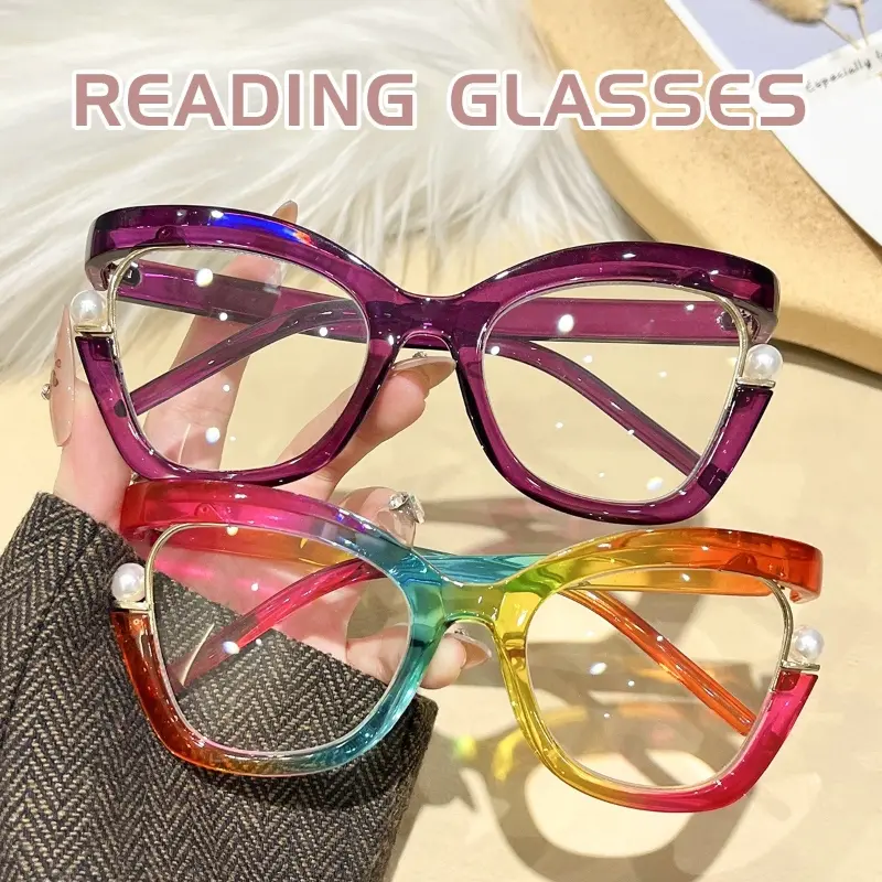 2pcs Fashion Trend Rainbow Color Pearl Decoration Cat Eye Large Frame Anti-blue Light Reading Glasses | GIGULA Unisex-adult Polycarbonate Frame and Lens for Old-age Use and Daily Travel