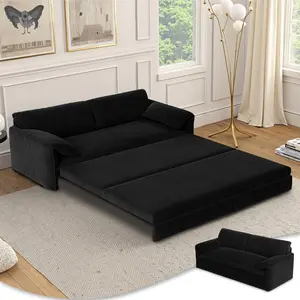 66" Queen Size Sleeper Sofa Bed, Pull Out Couch with Adjustable Back, Side Pocket, 3 in 1 Convertible Sofa, Velvet Loveseat Sleeper Couch for Living Room, Bedroom, Black