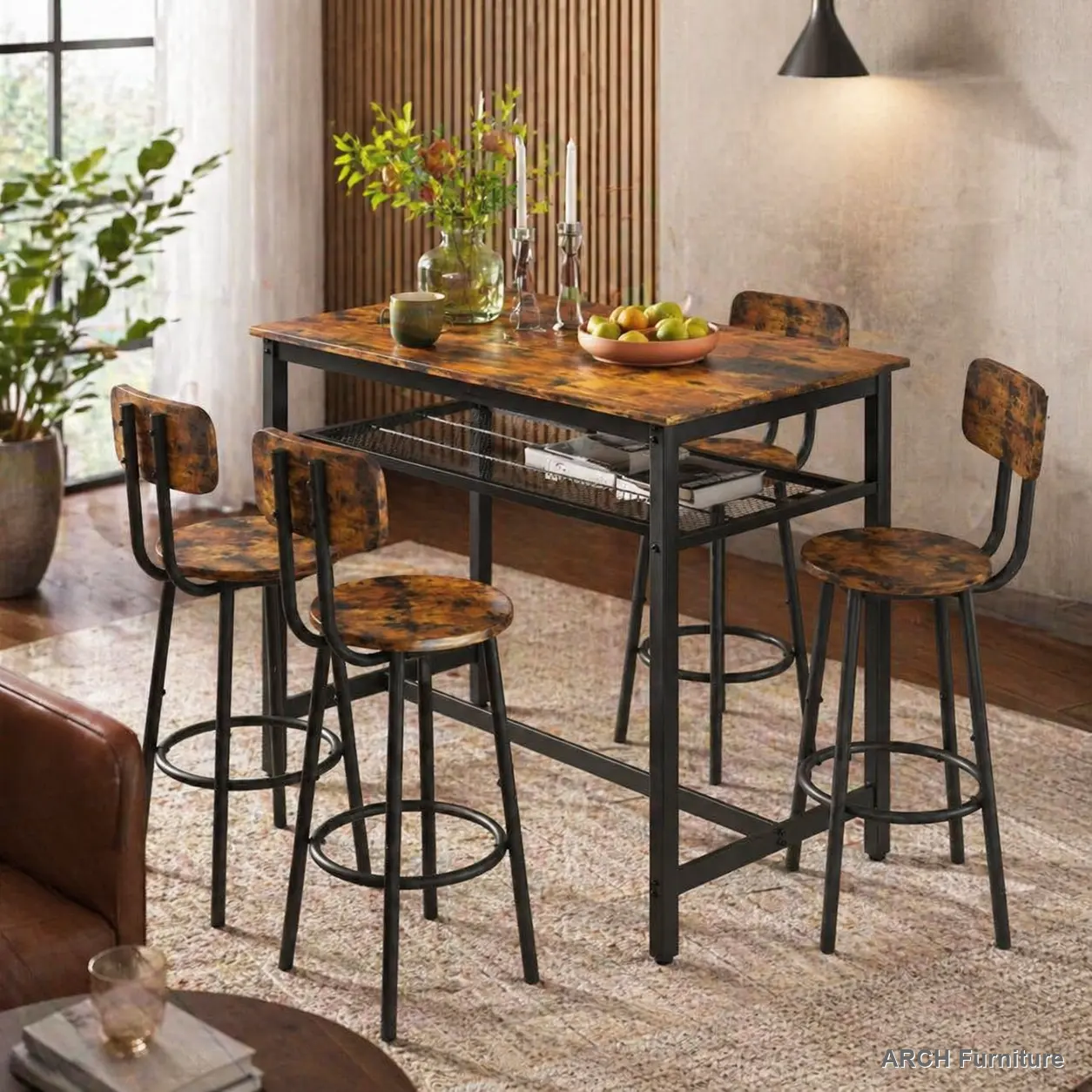 ARCH 5-Piece Counter Height Dining Table Set with 4 Chairs and Stools, Indoor Kitchen Furniture Set, Dining Table Set Of 4 Home Decor