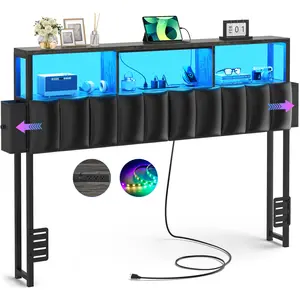 Cyclysio Upholstered Headboard – Convenient Storage Headboard with Comfortable Backrest, Hidden Storage Drawers, Sturdy Build, Power Outlet and LED Light for Bedroom, Storage Drawers Headboard