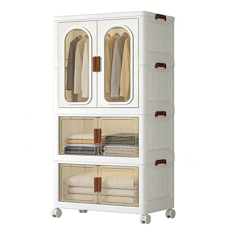 60cm-2/3/4 layers Large foldable storage box with wheels and lid, stackable storage box, front folding wardrobe storage and storage space, white,love gift,giftsetswomen,funky home decor,girly bedroom decor Home Organizer Collapsible Closet Organizer