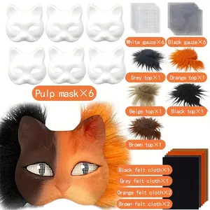 29pcs Cat Face Mask Set, Includes Masks, Mesh, Faux Fur, Fabric, DIY Spooky Halloween Costume, Party Supplies, Festive Decorations