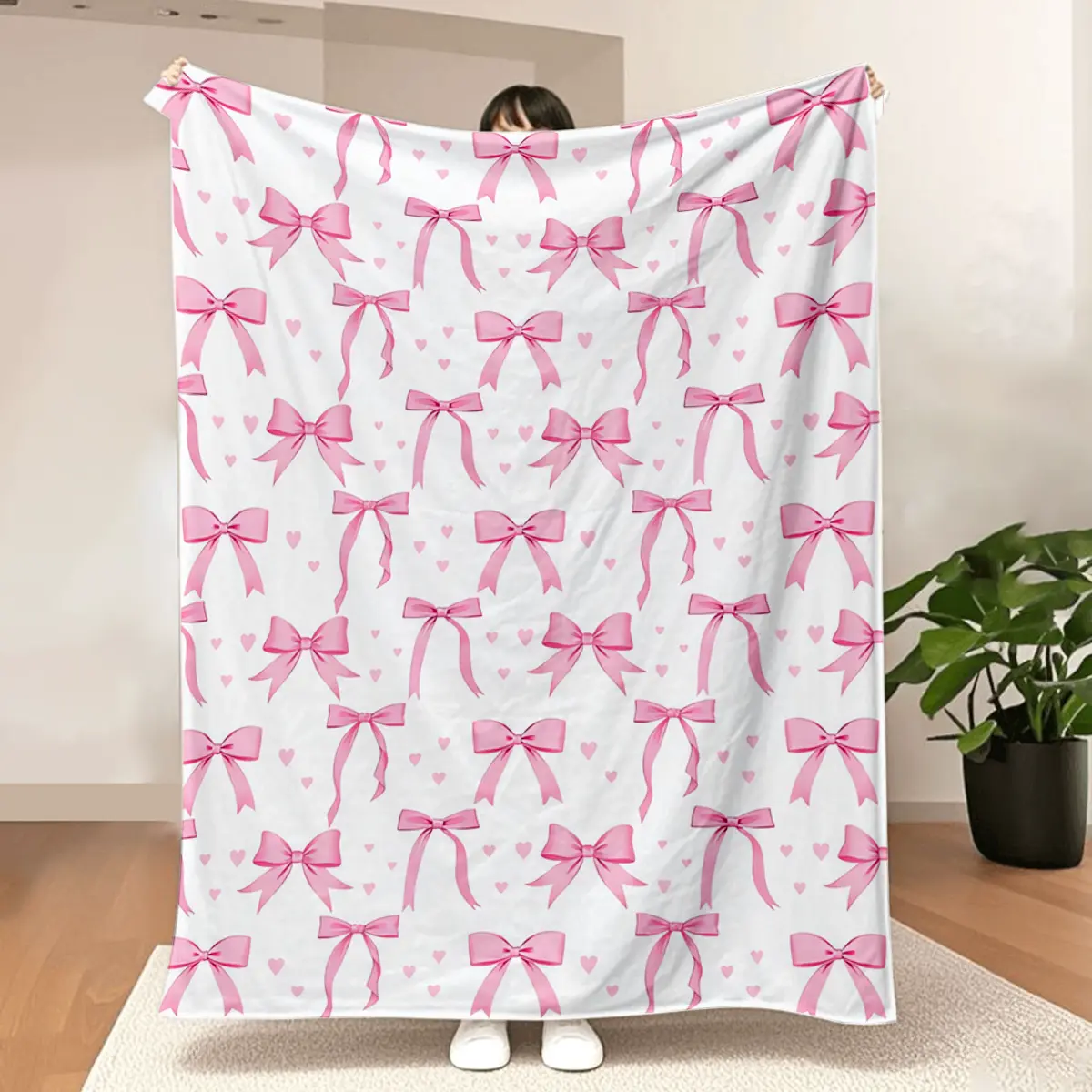 Pink Bow Fleece Blanket,Christmas Birthday Valentine's Day Gifts,Coquette Preppy Bow Decor,Soft Lightweight Bed Sofa Throws