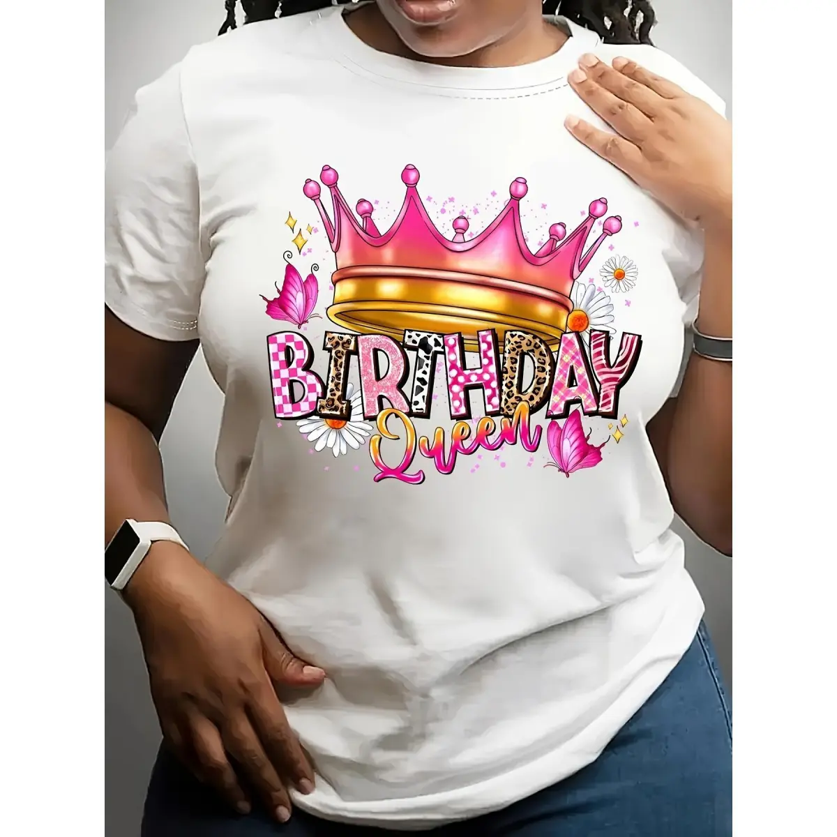 Birthday Queen Cartoon Printed T-Shirt - Casual Crew Neck, Polyester, Spring/Summer, Regular Length, Knit Fabric, 180 g/m²