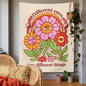 1pc Boho Rainbow Floral Linen Tapestry Wall Hanging - Vibrant Pink,Yellow,Blue,Green Flowers with "See Different Things" Inspirational Design - Polyester Peach Light Beige Cloth Mat Photo Backdrop - Horizontal for Living Room,Bedroom Decor