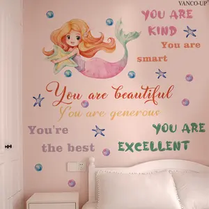 A set (30*60cm*2pcs) of mermaid bubble English aesthetic 2D flat wall stickers, home decoration self-adhesive wall stickers, M20368