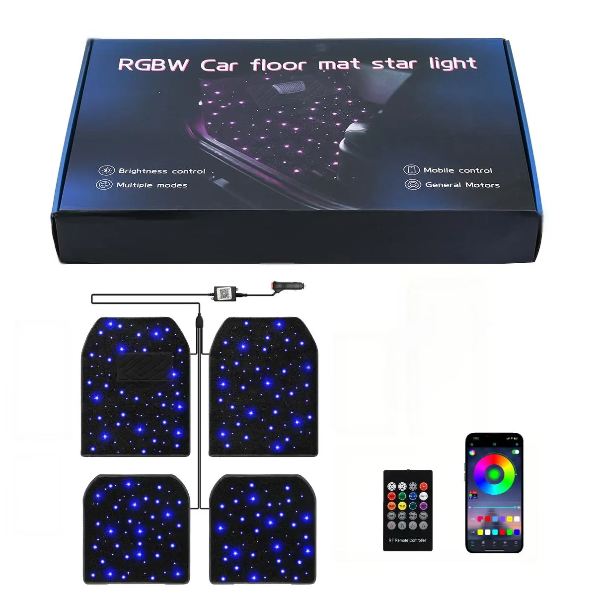 4PCS Car Universal  Premium Fiber Optic Twinkle Stars Interior Floor Mats WaterProof Star Light Car LED Rugs With APP/Remote Control Light Effect  Interior Ambient Lighting  Car Mats Floor Carpet Starlights For Car Car Decorative Light Car Strip Light