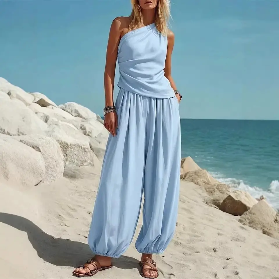 Latest Sleeveless Sloping Shoulder Top and Wide Leg Pants, Women's Summer 2-Piece Outfits, Sleeveless Cropped Top & High Waist Pants Lounge Set, Solid Casual Loose Fitting Suit, Elegant Sloping Shoulder Collar Temperament Set, #   Outdoor fun