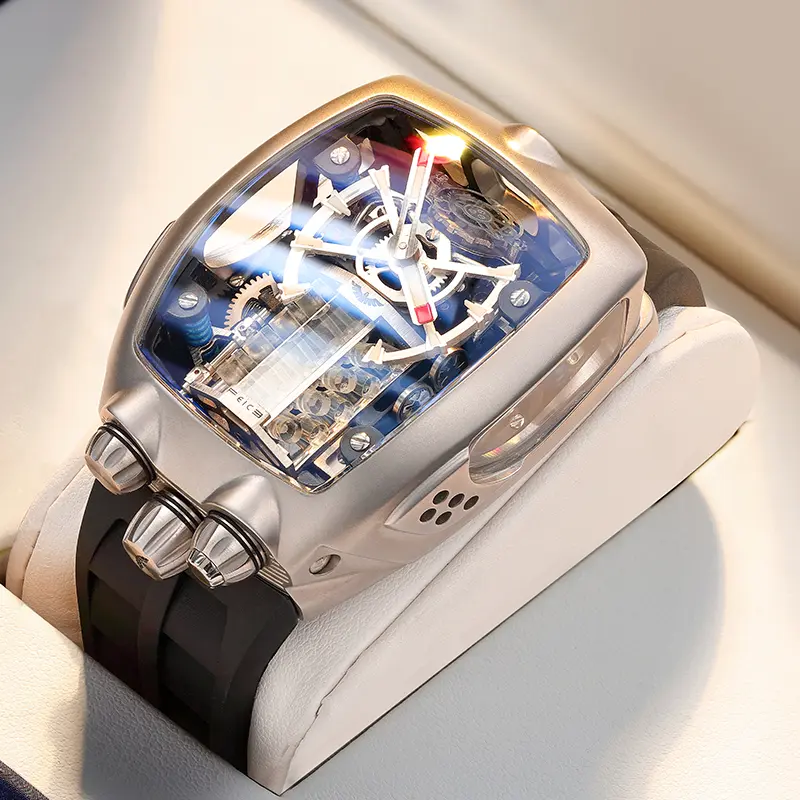 FEICE Men's Automatic Skeleton Watch, Rare Edition Luxury Mechanical Timepiece with Luminous Analog Display and Waterproof Silicone Band, Luminous Analog Watch, Buckle, Mechanical Watch