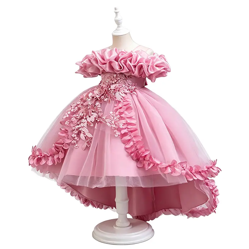 Girls Princess Dress High Low Long Train 3D Flowers  Party Outfit  Fancy Dress Up Gown Birthday Performance Elegant Style first  communion  dress，mothersdaygift
