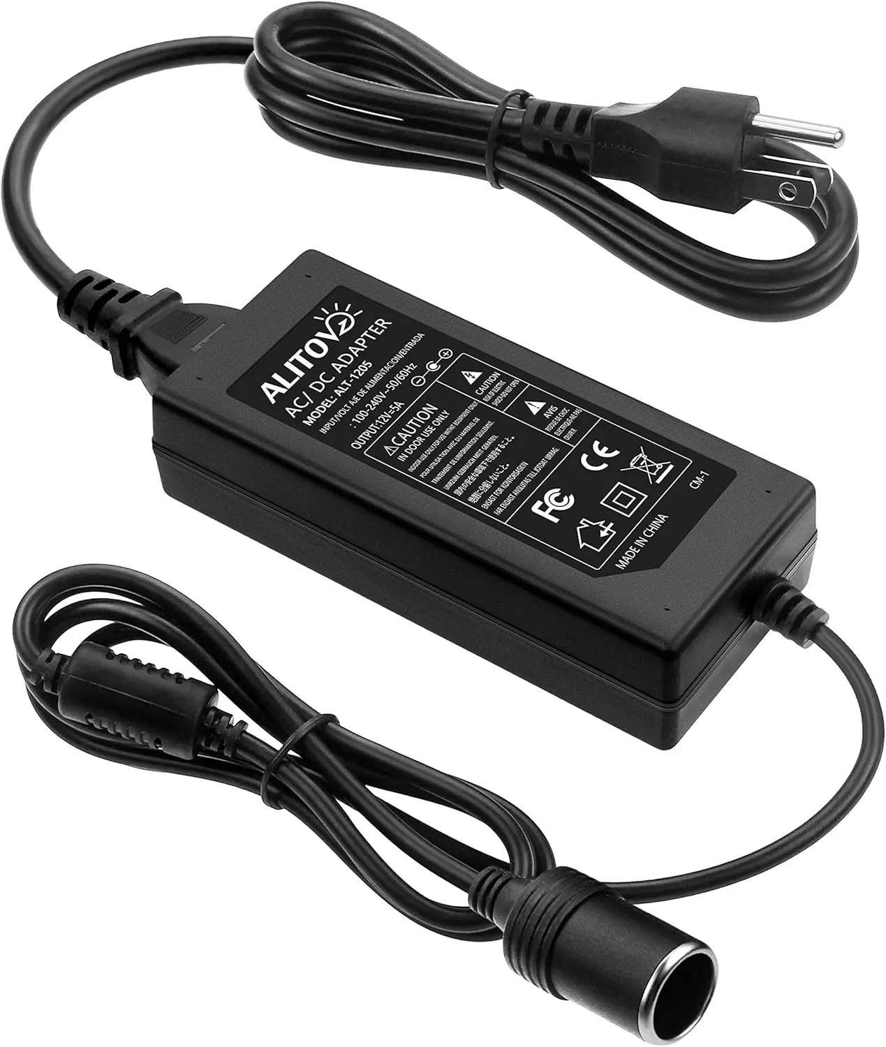12V 5A 60W AC-DC Wall Charger Transformer, 100~240V (110v-120v Compatible) PVC Jacket Power Supply with 8ft Cord, 1x AC Input Cable, Overload-Safe Cigarette Lighter Adapter for Small Vacuum, Massager (For Car Devices That Draw Less Than 5A)