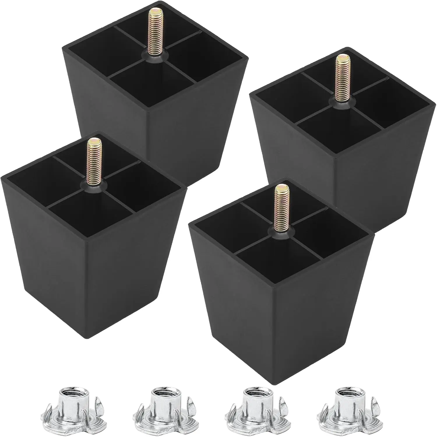 Sturdy Hard Plastic Furniture Legs (4 Pcs, 4-in) - Black Tapered Square, M8 Threaded with T-Nuts, Heavy Duty 100kg Load, Rust-Resist, Dust-Resistant, Screw-In Ease, Easy & Convenient to Install, for Couch DIY Projects