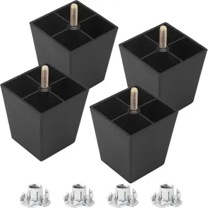 4 Pcs 3 Inch Plastic Table Legs, Black Tapered Furniture Legs, Square Sofa Replacement Legs M8 Threaded with T-Nuts, Heavy Duty Furniture Legs for Couch, Cabinets, Dressers, Chair