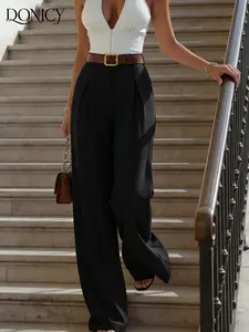 Women's High-Waisted Pleated Wide Leg Pants, Autumn Winter Business Casual Elegant Office Commute Formal Western Trousers