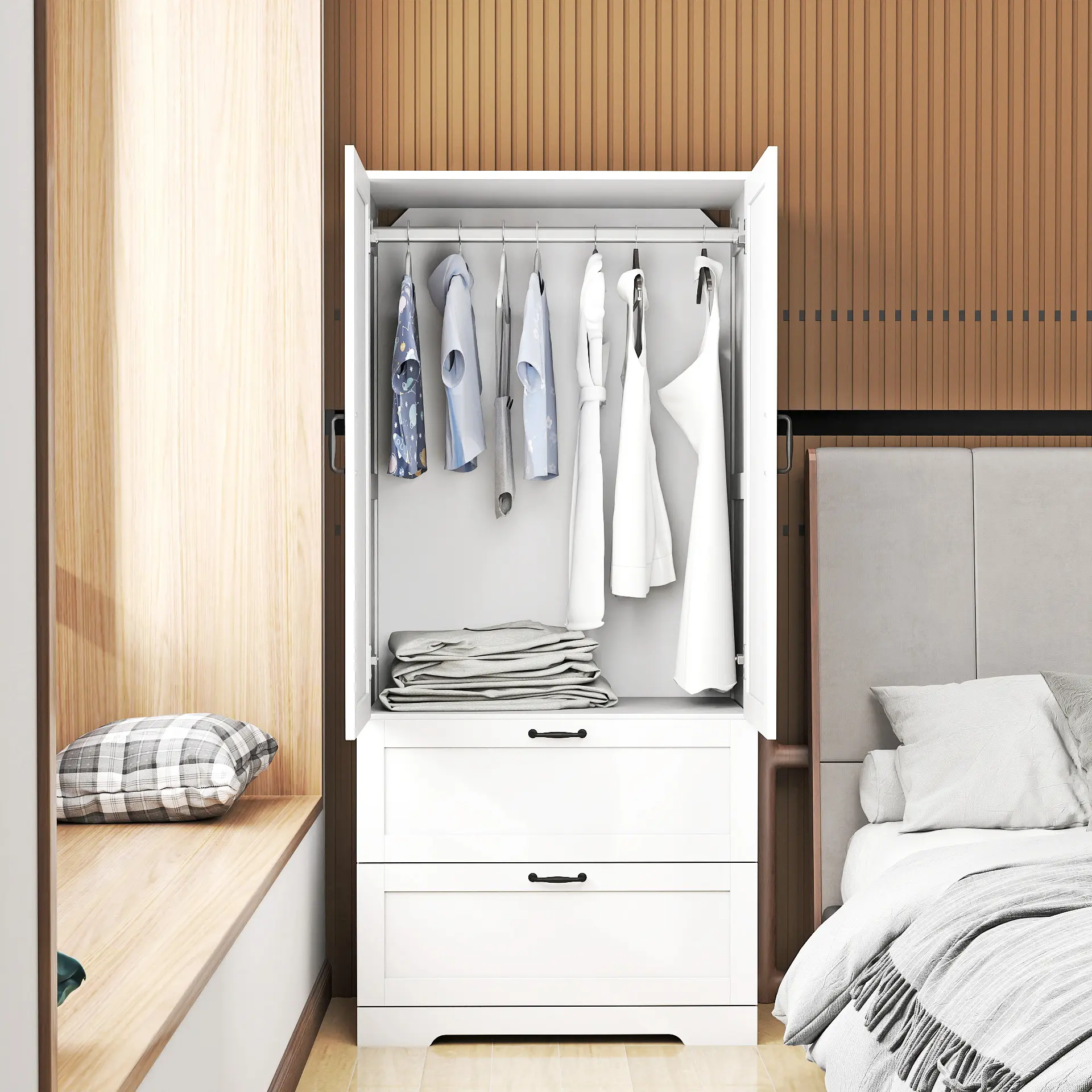 Simple white double door double drawer vertical storage cabinet, bedroom clothing storage, balcony miscellaneous storage, household partition dust-proof simple storage cabinet