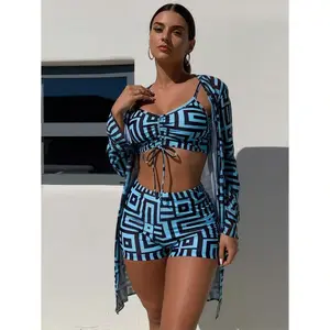 Women's 3-Piece Triangle Bikini Set with Nylon Blend Fabric Cover-Up - Sexy Tropical Beach Kimono Swimwear, Quick Drying, Adjustable Straps, Multi-Size, Blue, Medium,summervibes