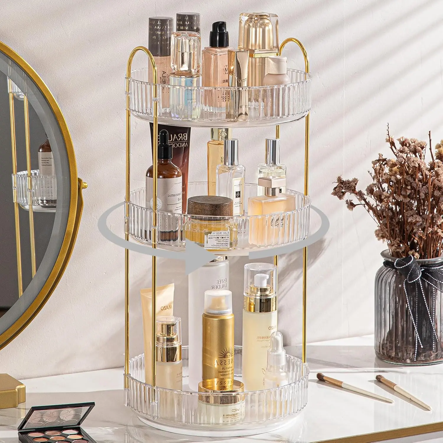 3-Tier Round Decorative Makeup Organizer with 360° Rotating Trays, 18.5 in High PET & Metal Shelf for Perfume, Lotion, Vanity Countertops, Bedroom Dressers Skincare & Cosmetics Storage Stand