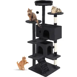 54" Cat Tree Tower Dark Gray Multi-Level Indoor Activity Center with Sisal Scratching Posts Condos Plush Perches Hanging Cat Toys Sturdy Easy to Assemble for Kittens & Adult Cats