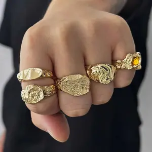 Women's 5pcs Adjustable Hip-Hop Punk Cluster Rings Set - Liquid Geometric Metal Design Inlaid with Acrylic, Funky Chunky Square Avant-Garde Metallic Adjustable Acrylic Rings