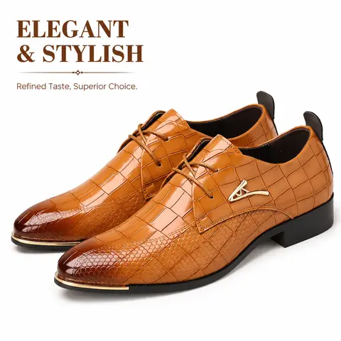 Men's Formal Derby Shoes, Pointed Toe, Lace-Up, Glossy Scale-Embossed Polyurethane Synthetic Leather (PU) Shoes for Wedding, Business Work, Available in Tan, Brown, Black