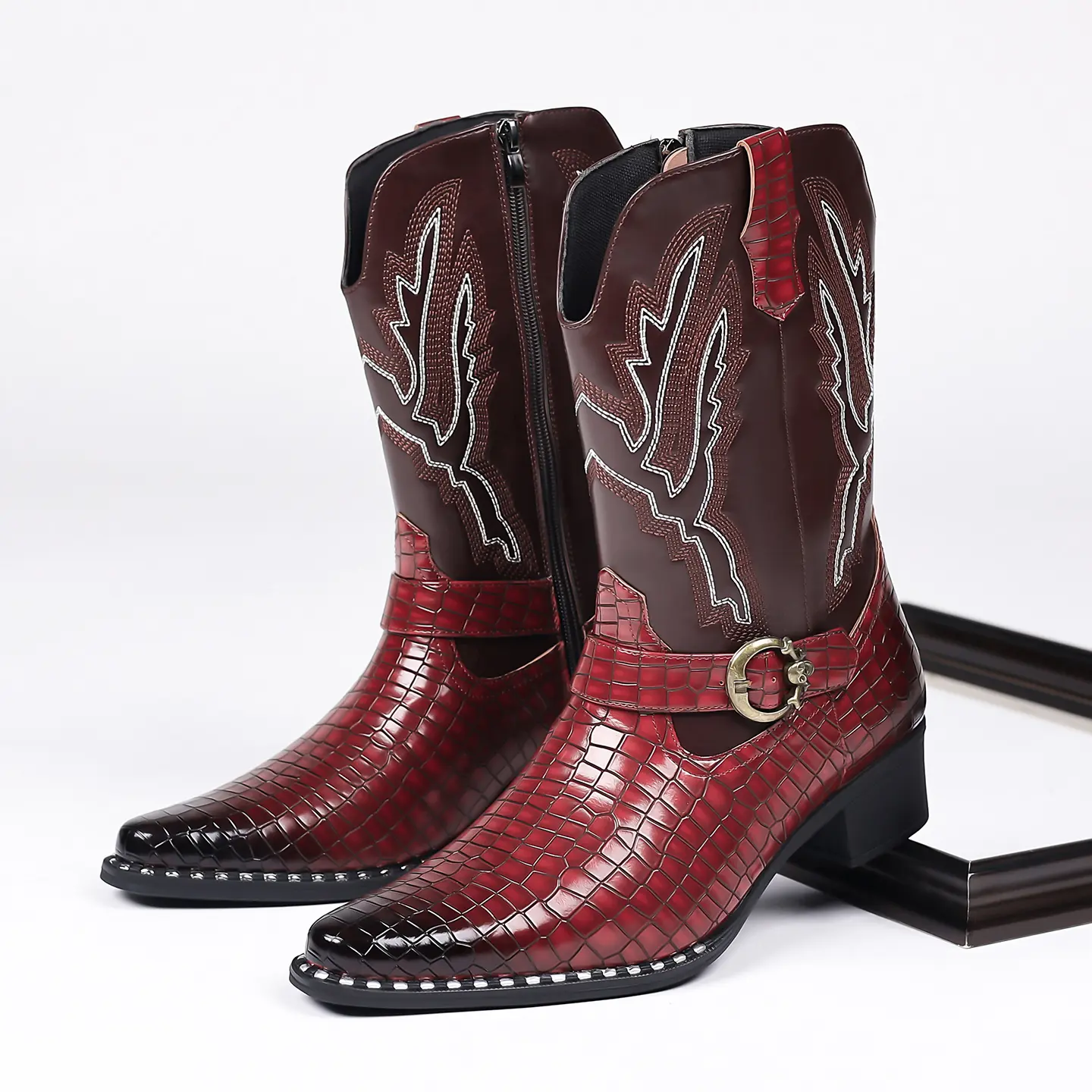 Men's Western Cowboy Boots Stylish Leather Fashion Boots with Crocodile Texture and Side Zipper
