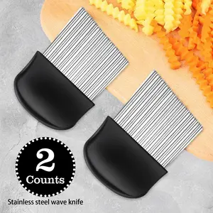 2 Counts Large Crinkle Cutter, French Fry Slicer, Potato Knife Cutter, Wavy Chopper for Fruit Vegetable, Stainless Steel Blade Cutting Tool for Kitchen