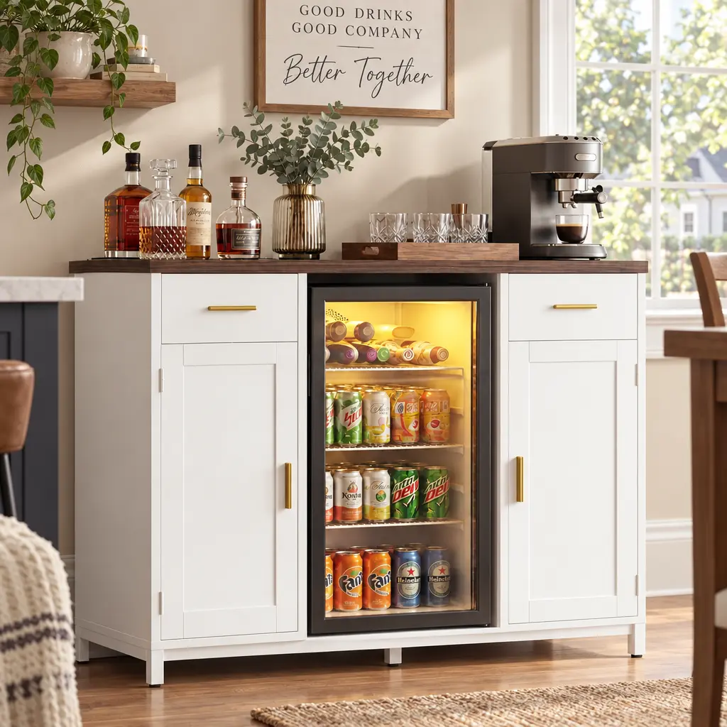 Farmhouse Coffee Bar Cabinet with Power Outlet, Liquor Wine Bar Cabinet with Mini Fridge Space (Fridge Not Included), Mini Fridge Cabinet Stand with Drawer and Door Storage, Buffer Cabinet Sideboard Table for Dining Room Kitchen furniture
