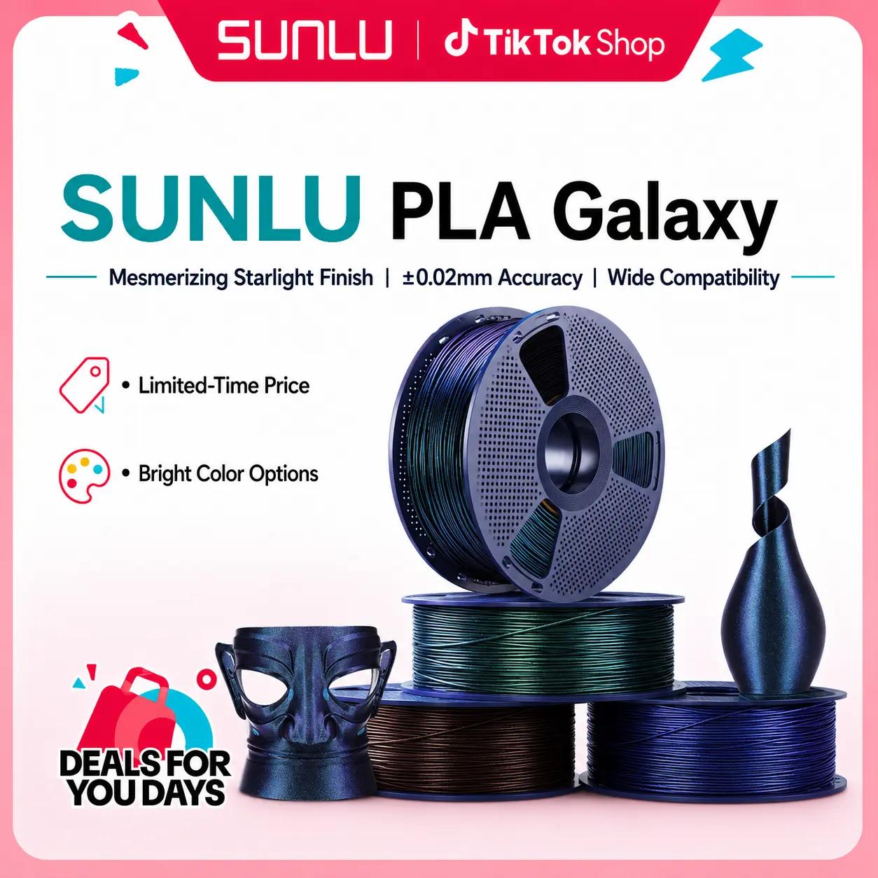 SUNLU Cosmic Galaxy Series PLA 3D Printing Filament, 1KG 3D Printing Supplies with Sparkling Ultrafine Pearlescent Starlit Glow, Smooth High Detail Clog-Free Print for Fashion Pieces, Cosplay Props-7169 tiktokshopbacktoschool