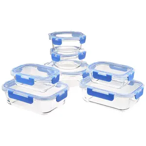 Glass Food Storage Containers with Locking Lids, Set of 7, 14 pieces including lids, BPA-Free, clear with blue silicone ring Kitchen Utensils