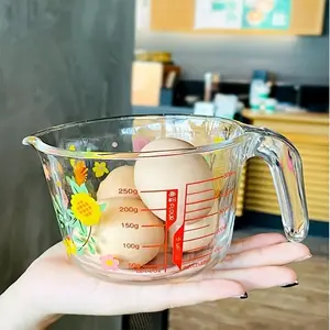 Floral Glass Measuring Cup with Lid - Heat Resistant, Microwave Safe, BPA-Free, Elliptical Handle & Measurements, Reusable for Baking, Cooking, Milk & Cold Drinks