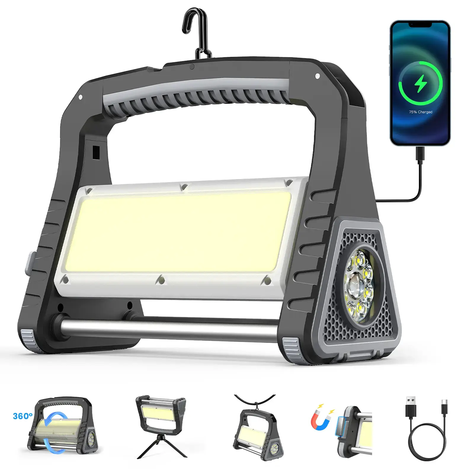 5-in-1 Magnetic Mount Portable Work Light, 1500LM COB+LED Combo, Fast-Charging Power Bank, 4H Runtime for Outdoor Camping, Workshop Light