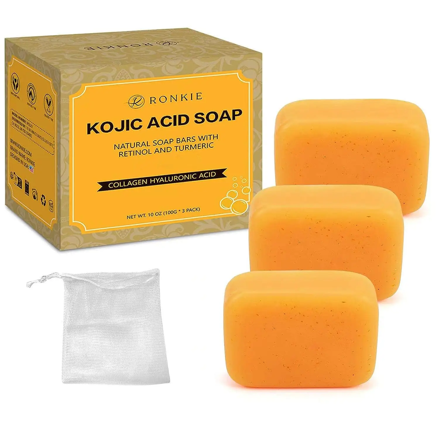 Turmeric Kojic Acid Soap: Dark Spot Soap for Face Body - Home Travel Use Skin Cleansing for Women (3 X 100g Bars)