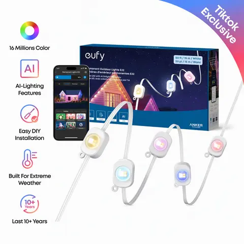 eufy E22 Permanent Outdoor LED Christmas Lights - 100ft 60 Triple-LED Dimmable 110-120V WiFi Lights with Adhesive Tape, Flexible Smart RGBWW Color Changing, IP67 Waterproof, AI-Powered Themes, Camera Link Compatibility, Customization, Home Decor
