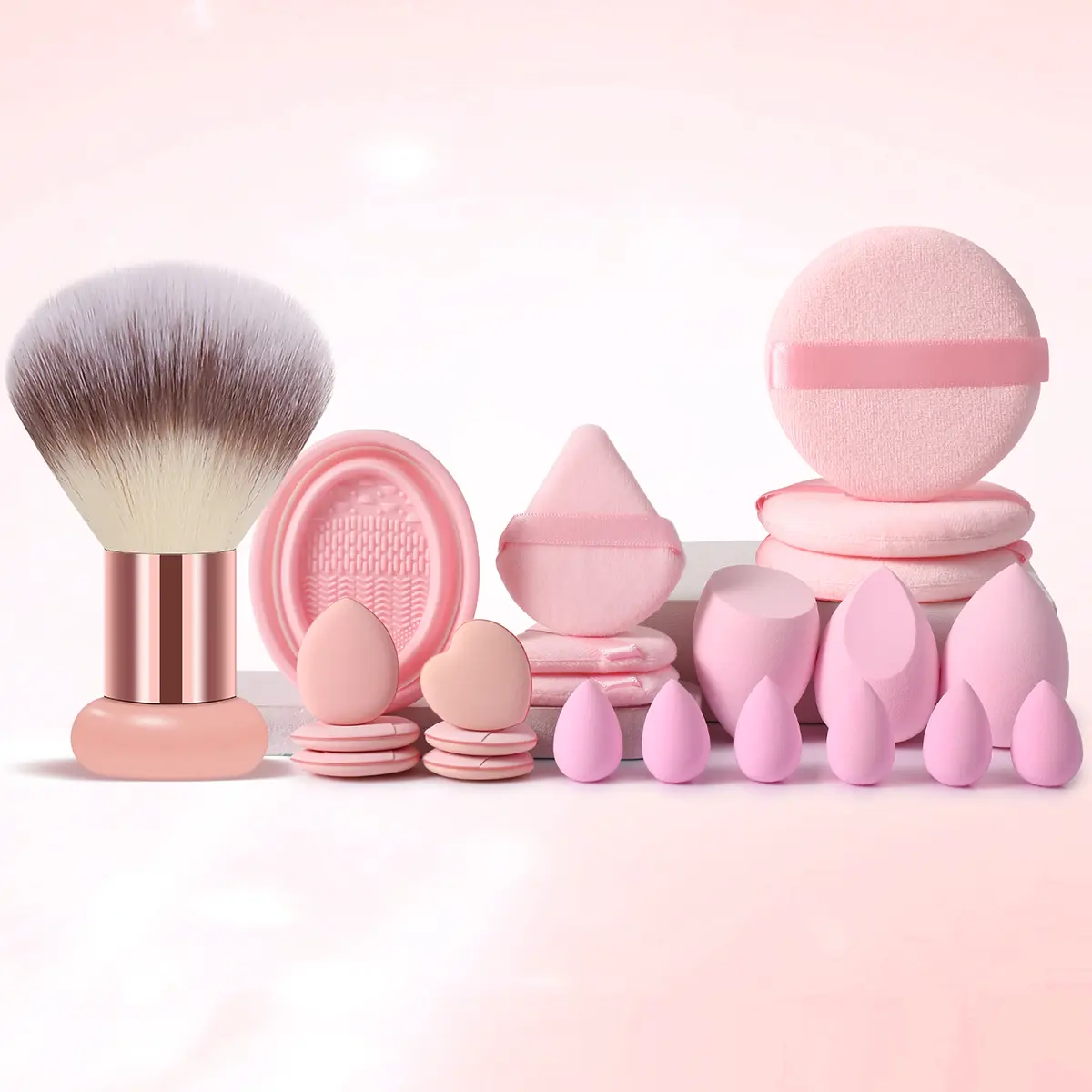 Professional Pink Makeup Tool Set, Multi-size Makeup Sponges, Soft Makeup Puffs, Big Loose Powder Brush, Brush Cleaner Bowl, Full Makeup Application Tools for Daily Makeup