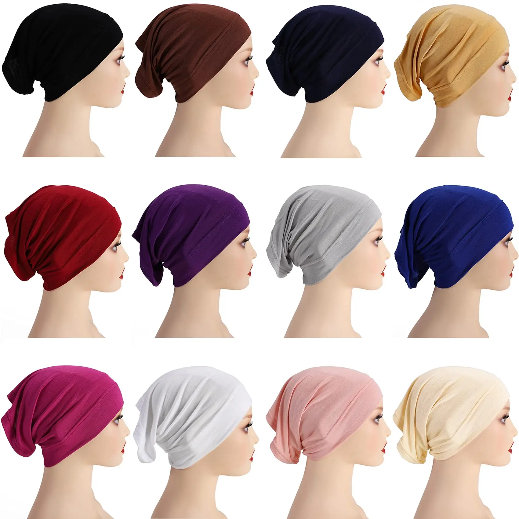 12 Pack Casual Hijab Undercap, Unisex Solid Color Soft Stretch Spandex Tube for Turbans and Dreadlocks, Multi-Functional Head Wrap Liners