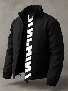 Men's Casual Workwear Zipper Jacket, Windproof Anti-Wrinkle Fabric, Stand Collar, Practical Pockets, Fashion Letter Print, Loose Fit