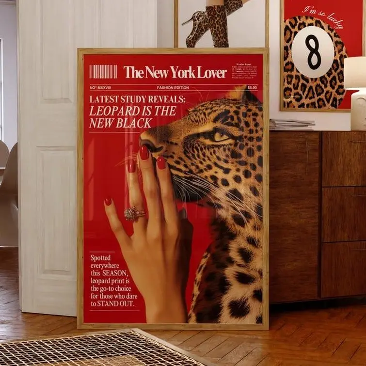 Retro Newspaper Leopard Print Poster - Creative Design Print, Decorative Vintage Room Decor, Wall Art for Girly Room Hanging & Gifting