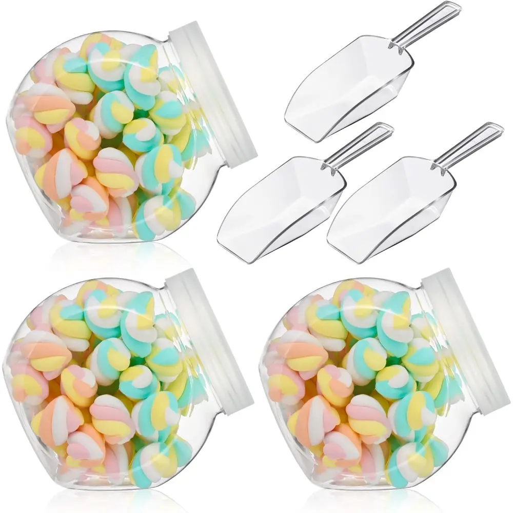 4-Set Durable Reusable Plastic Candy Jar Organizer with Lid, 42oz Wide Mouth Preserving Container, Mini Acrylic Kitchen Utensil Scoop, Decorative Modern Biscuit Tins & Jars for Counter Decor, Plastic Bin, Bathroom, Candy Buffet