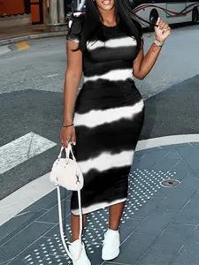 Plus Size Tie-Dye Bodycon Dress for Women - Black & White Stripes, Stretchy Polyester Knit, Crew Neck, Short Sleeve, Midi Summer Casual Weekend Outfit, Machine Washable