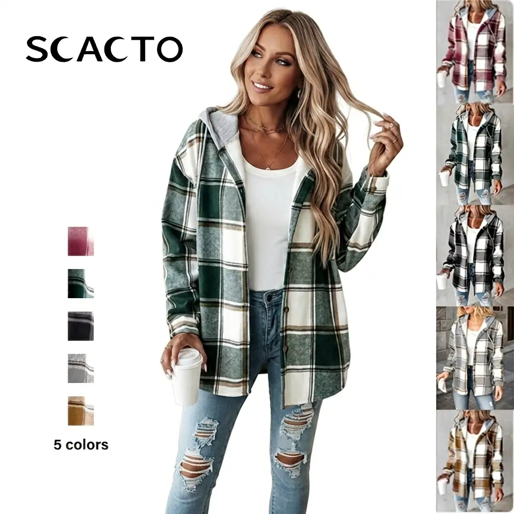 SCACTO Women's Plaid Hooded Collared Fleece-Lined Shacket - Long Sleeve Button-Down, Warm Lightweight Soft Fabric, Chic, Plus-Size, 5 Colors, Styles to Try, Elevated Casual Simple Elegance, Grey & Brown Grid with Metallic Accents, Overshirt