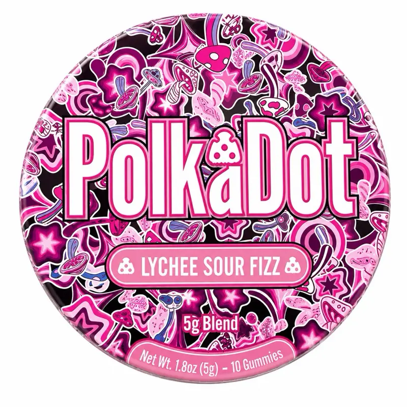 Polkadot Lychee Sour Fizz Gummies, 10 Count, High Potency Plant-Based Mushroom Gummies, Soft Chewy Gummies, 100% Organic Ingredients, High-Quality Formula, Freshness-Sealed, Secure Reusable Metal Tin, Travel-Friendly Packaging, Proudly Made in USA